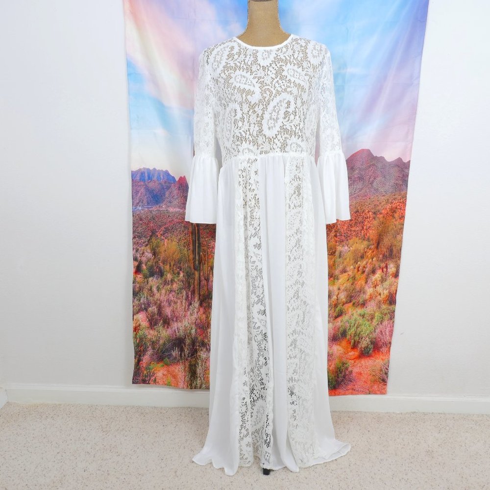SHEIN White Lace Sheer Wide Sleeve Romantic Boho Victorian Bridal Size XL Dress